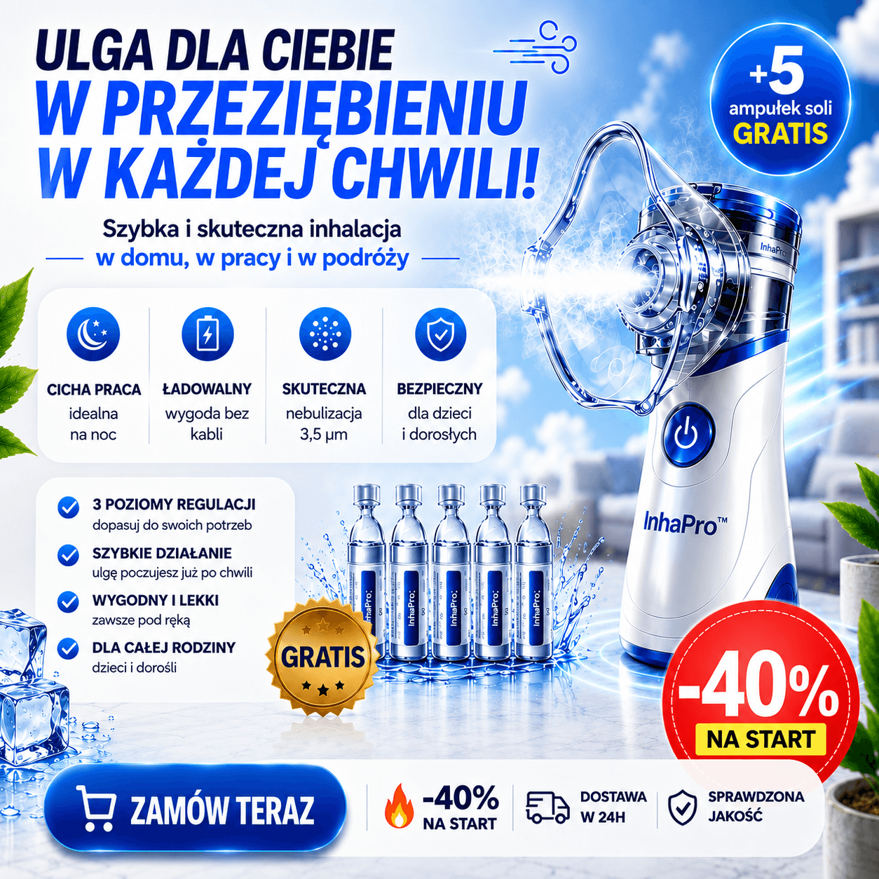 InhaPro™ - Natychmiastowa ulga w oddychaniu + 5 ampułek soli GRATIS